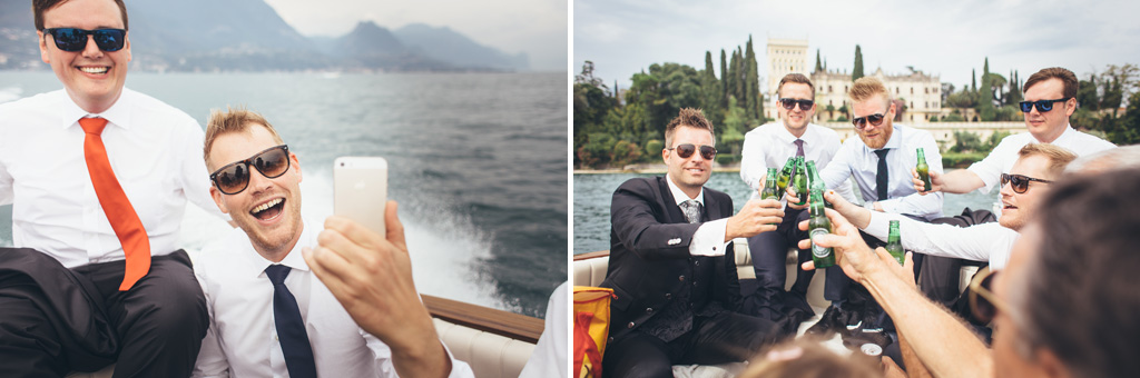 Fotografo Matrimonio Lago di Garda Gli invitati bevono una birra in barca