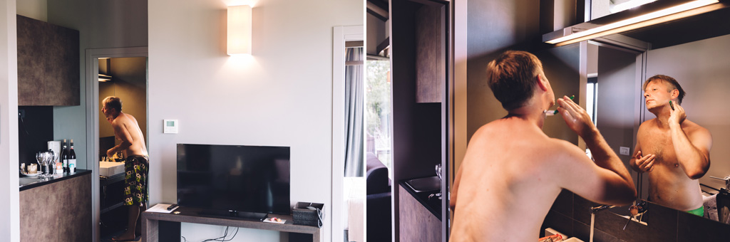 Fotografo Matrimonio Langhe Lo sposo si rade la barba davanti allo specchio