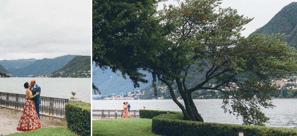 Fotografo Matrimonio Villa Erba I due sposi si baciano con dietro la splendida cornice del lago di Como