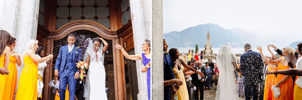 Fotografo Matrimonio Villa Erba Gli invitati lanciano petali di rose a Tony e Ayesha