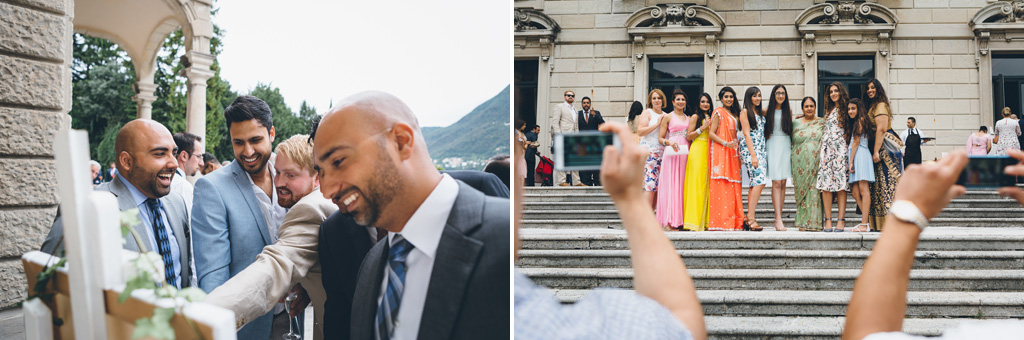Fotografo Matrimonio Villa Erba Gli invitati ridono e scattano immagini con il cellulare in un clima di gioia e festa