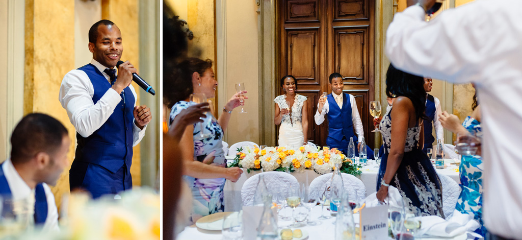 Fotografo Matrimonio Villa Erba Gli invitati brindano in onore degli sposi Tony e Ayesha
