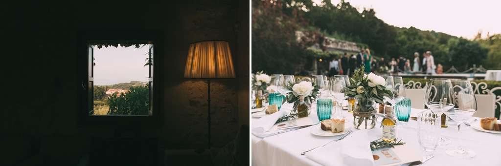 Fotografo Matrimonio Lago di Garda Alcuni dettagli della tavola apparecchiate e uno scorcio del paesaggio lombardo