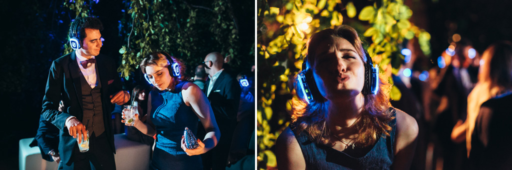 Fotografo Matrimonio Monza Gli ospiti danzano con delle cuffie fluorescenti
