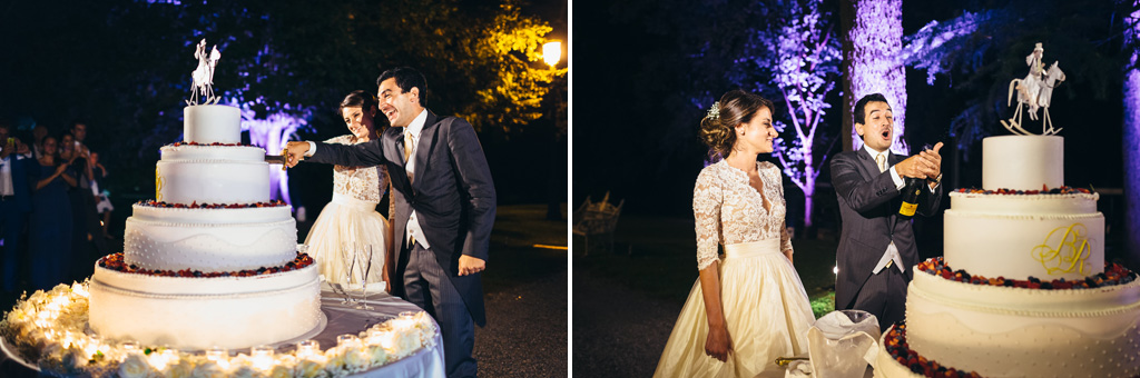 Fotografo Matrimonio Villa Caroli Zanchi I due sposi tagliano la torta nunziale e festeggiano con un champagne