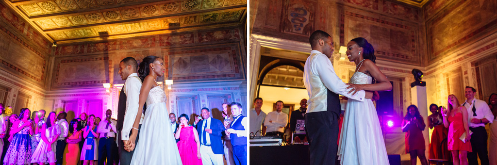 Fotografo Matrimonio Villa Erba I due sposi, Tony e Ayesha, danzano davanti agli ospiti