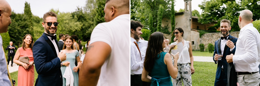 Fotografo Matrimonio Convento Dell'Annunciata Medole Lo sposo parla con gli invitati nel giardino del Convento dell'Annunciata di Medole