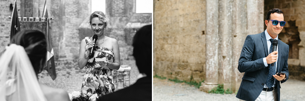 Fotografo Matrimonio Basilica San Galgano Toscana Alcuni ospiti fanno dei discorsi durante la cerimonia