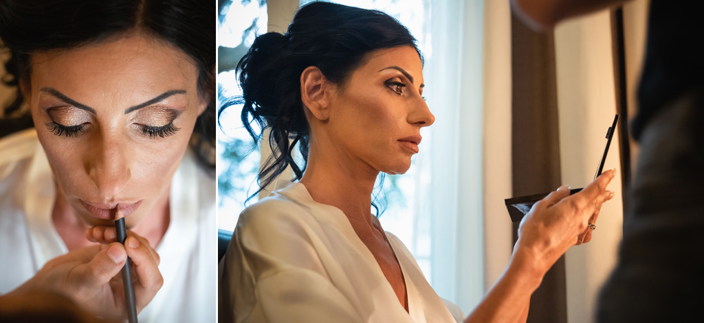 Fotografo Matrimonio Lago di Como Casta Diva Mandarin La sposa si guarda allo specchio durante la sessione di trucco