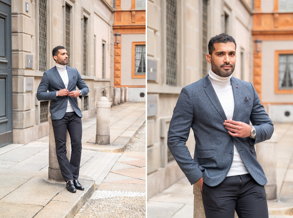 Fotografo-ritratto-esterna-Milano Un giovane con giacca elegante