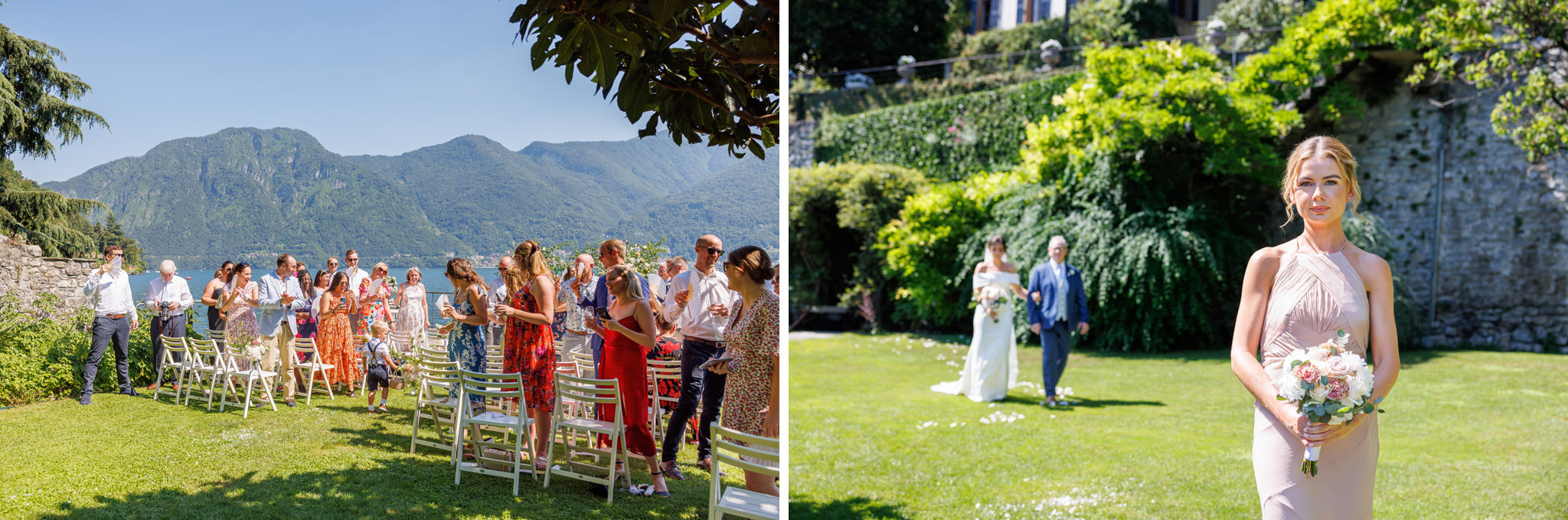 Destination Wedding Photographer Como Gli invitati, la damigella, la sposa e suo padre ai piedi della cerimonia