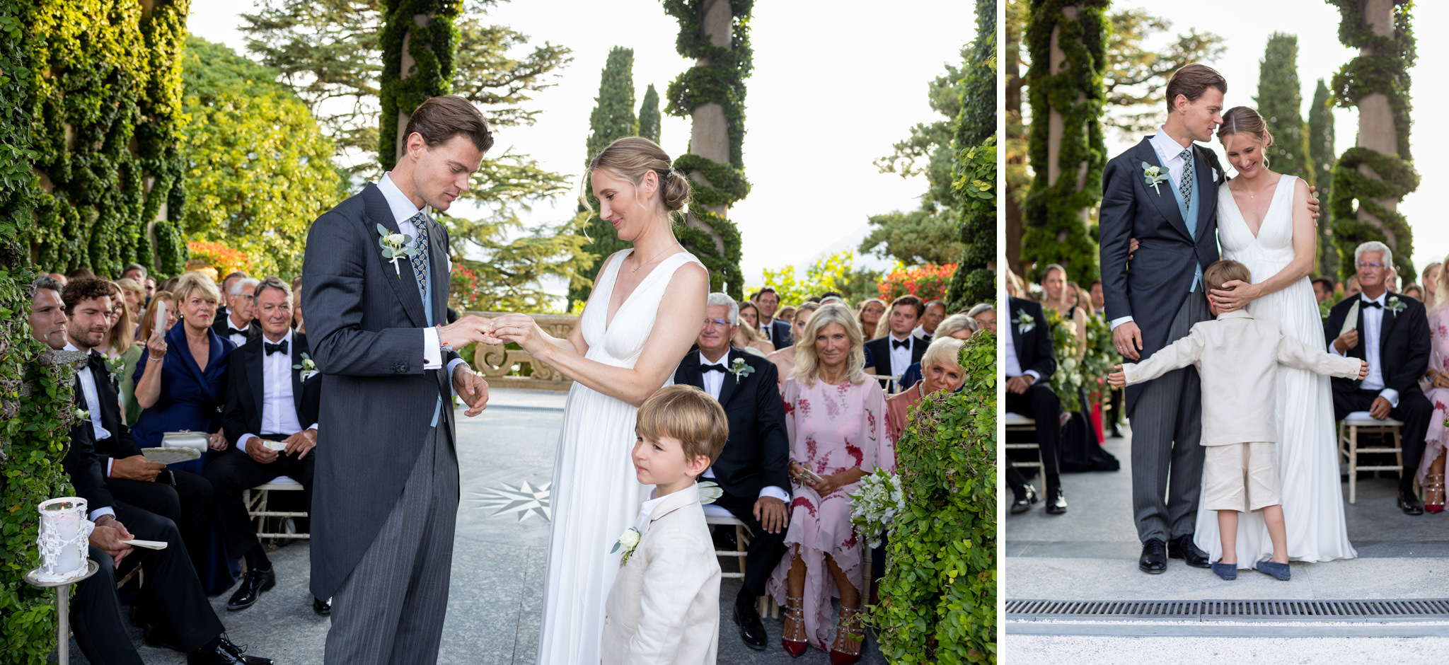 Destination Wedding Photographer Lake Como Una coppia di sposi con loro figlio che si scambiano le fedi