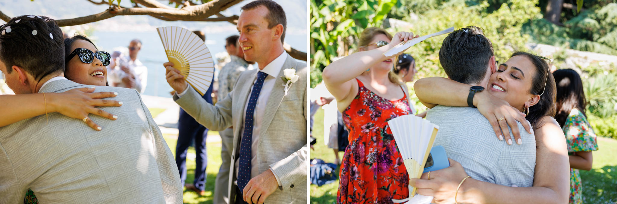 Destination Wedding Photographer Como Gli invitati che abbracciano gli sposi