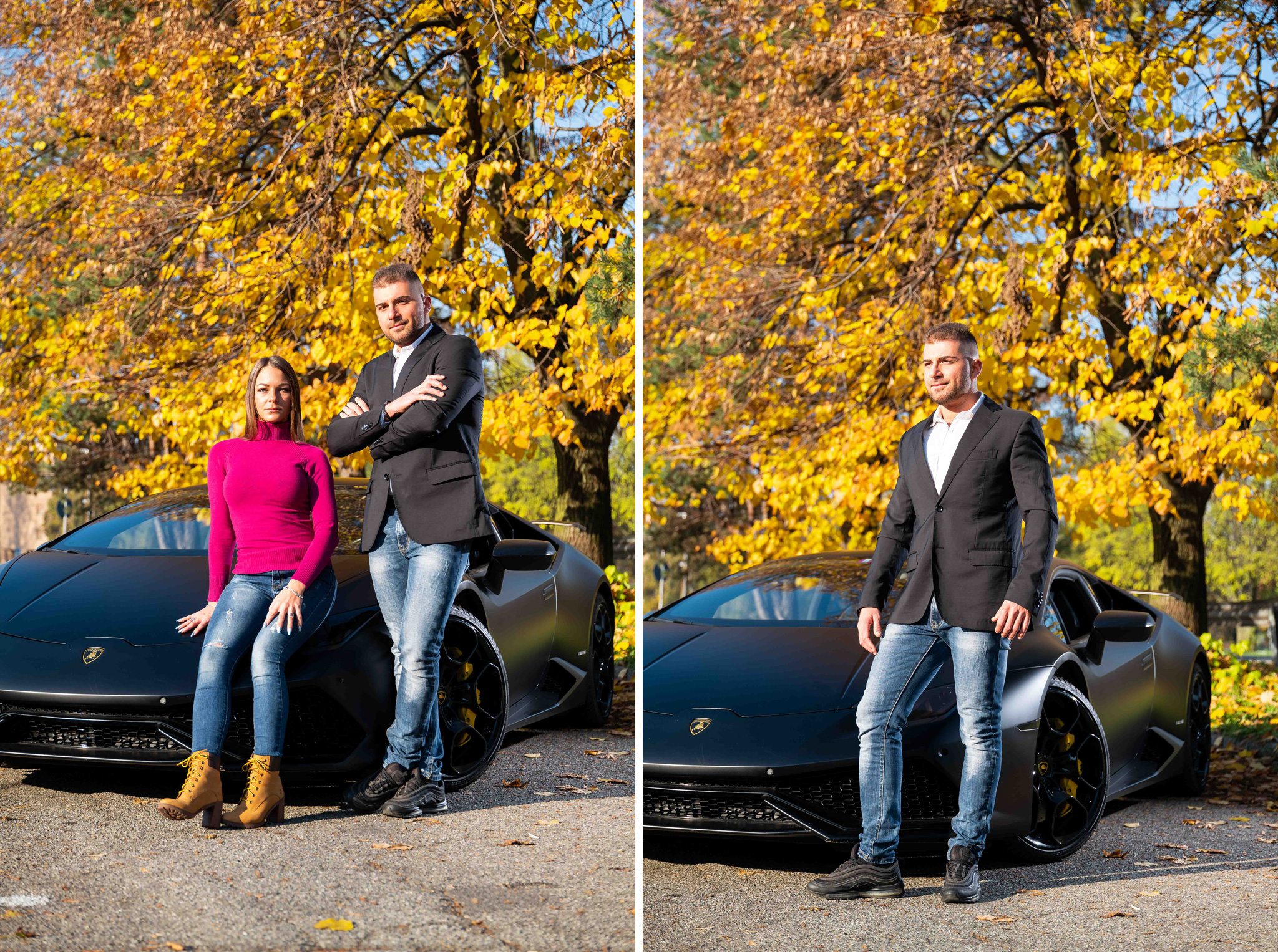 Foto ritratto ambientato lamborghini Donna e uomo insieme alla loro lamborghini in esterna